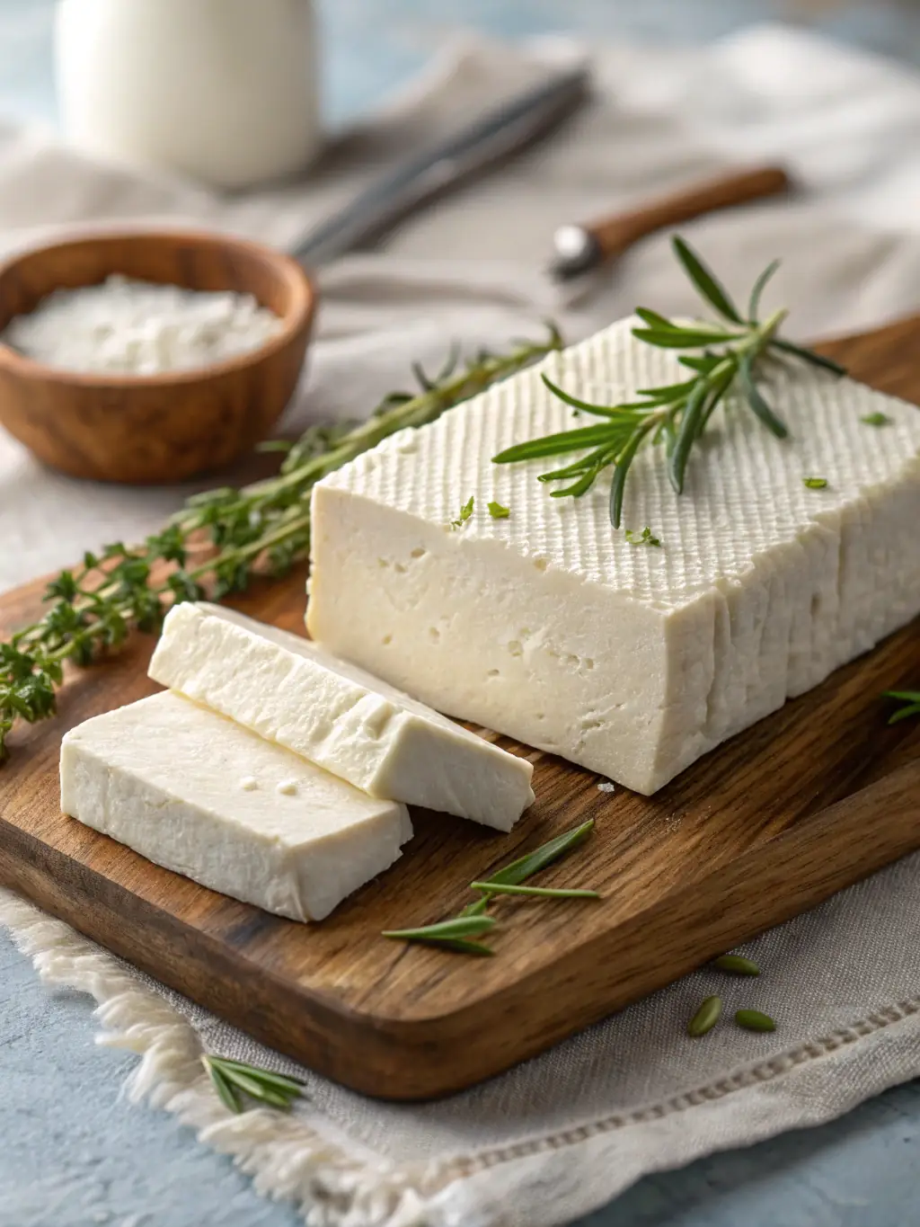 A close-up shot of Dansk Tofu's Organic Firm Tofu, showcasing its texture and firmness. The tofu is placed on a rustic wooden board with a sprig of fresh herbs nearby.