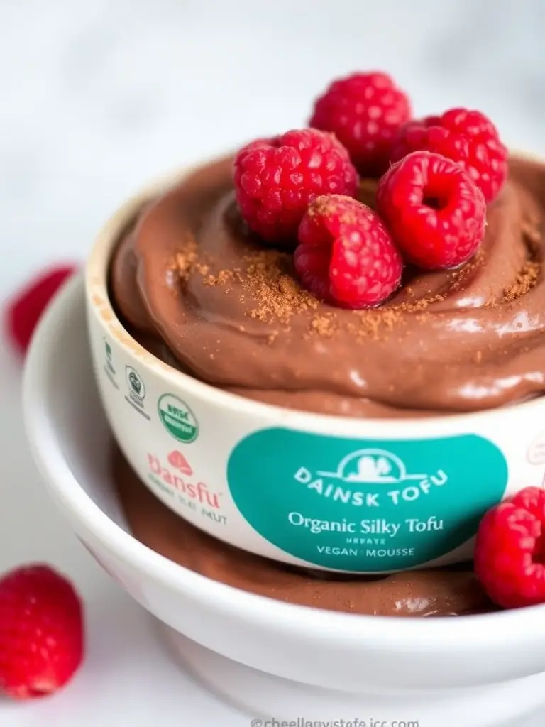 A bowl of Dansk Tofu's Organic Silken Tofu being used as a base for a vegan chocolate mousse. The mousse is topped with fresh raspberries and a dusting of cocoa powder.