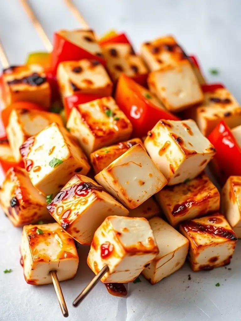 A vibrant image of marinated Dansk Tofu cubes on skewers, ready for grilling. The marinade is a rich, dark color, and the tofu is interspersed with colorful vegetables like bell peppers and onions.