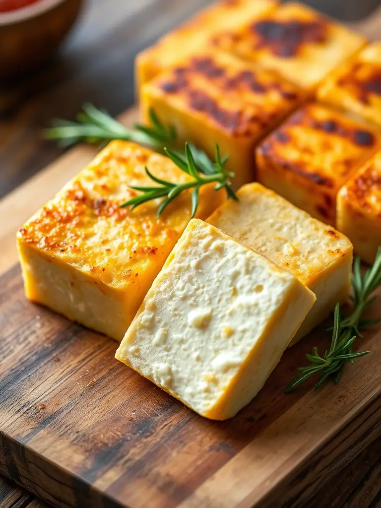 A close-up shot of Dansk Tofu's Organic Firm Tofu, showcasing its dense texture and golden-brown color after being pan-fried. The tofu is arranged on a wooden cutting board with a sprig of rosemary.